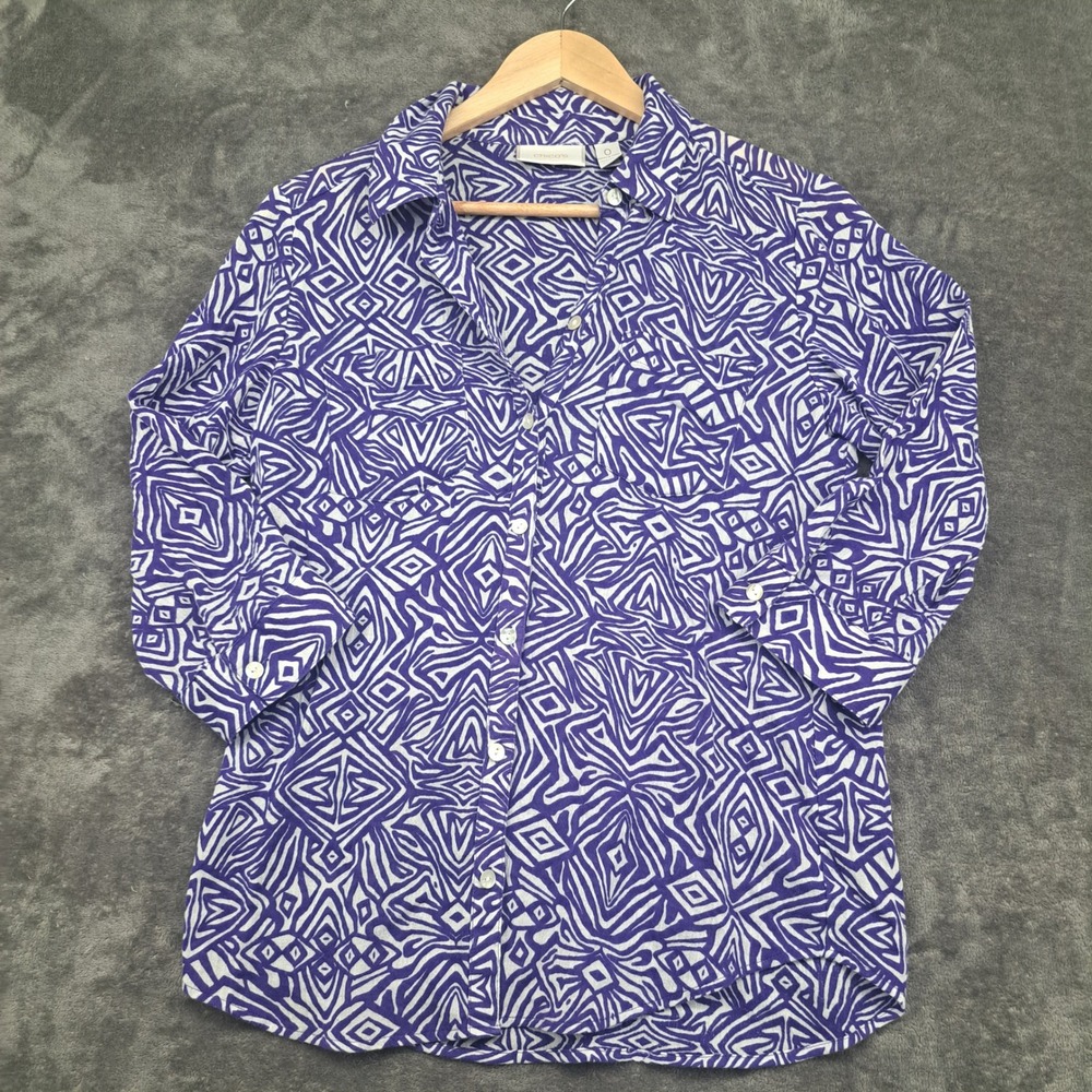 Chico's Purple White Geometric Diamond Print Button Up Shirt Cotton Size 0 Boho